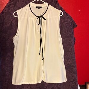 AUW White Sleeveless Tie-Neck Top with Black Trim